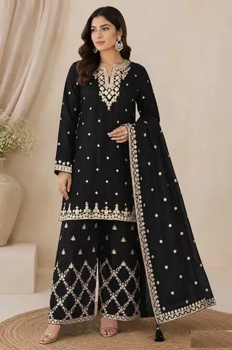 black  silk blend  wedding semi stitched palazzo set