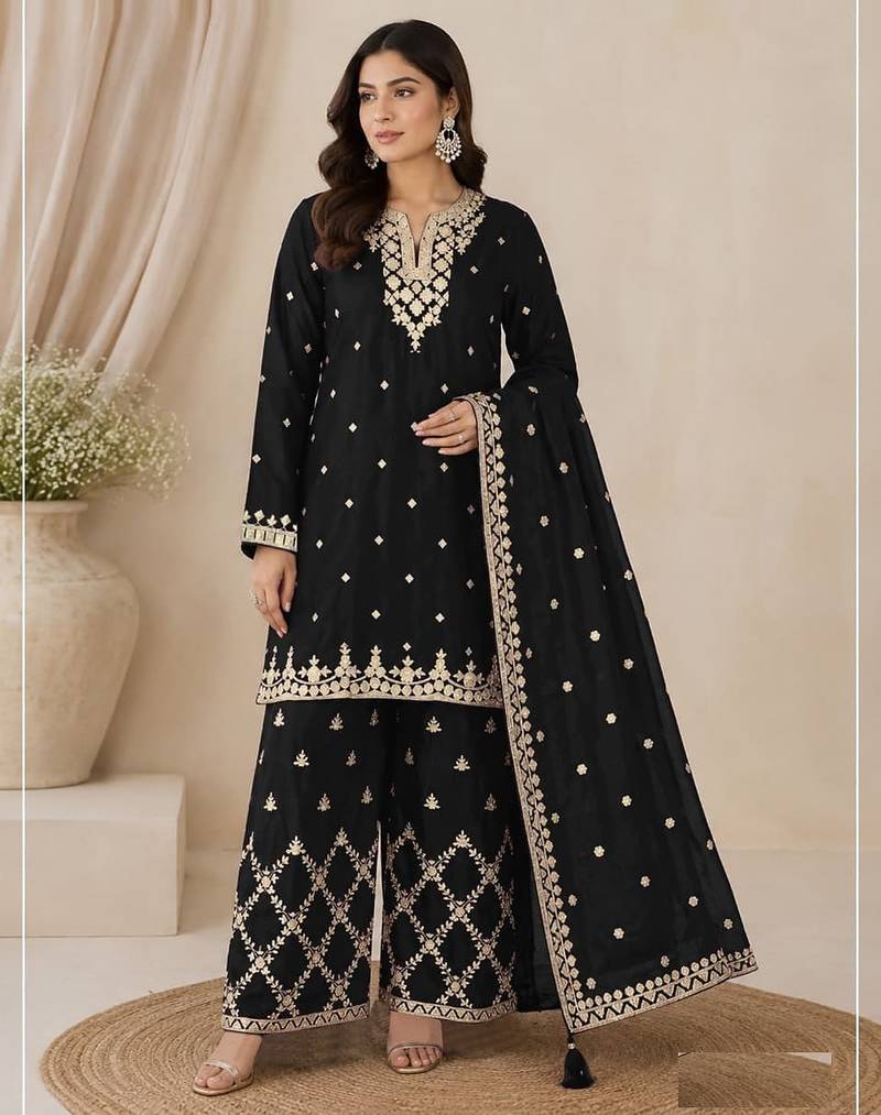 black  silk blend  wedding semi stitched palazzo set