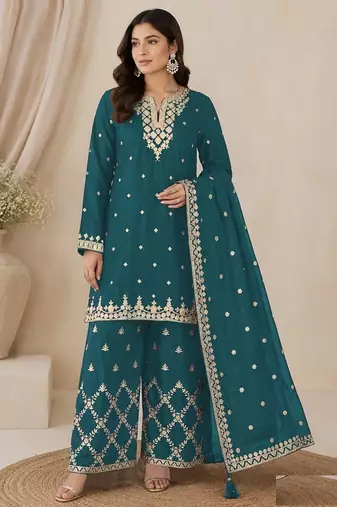 blue  silk blend  wedding semi stitched palazzo set