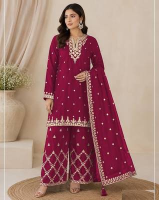 Magenta  silk blend  wedding semi stitched palazzo set 1