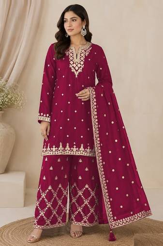Magenta  silk blend  wedding semi stitched palazzo set