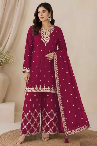 Magenta  silk blend  wedding semi stitched palazzo set