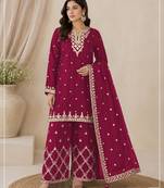 Magenta  silk blend  wedding semi stitched palazzo set