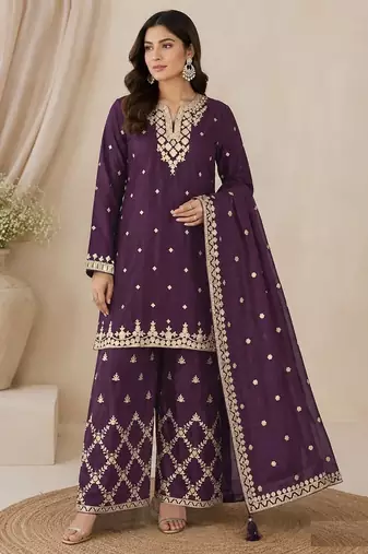 Wine silk blend wedding semi stitched palazzo set