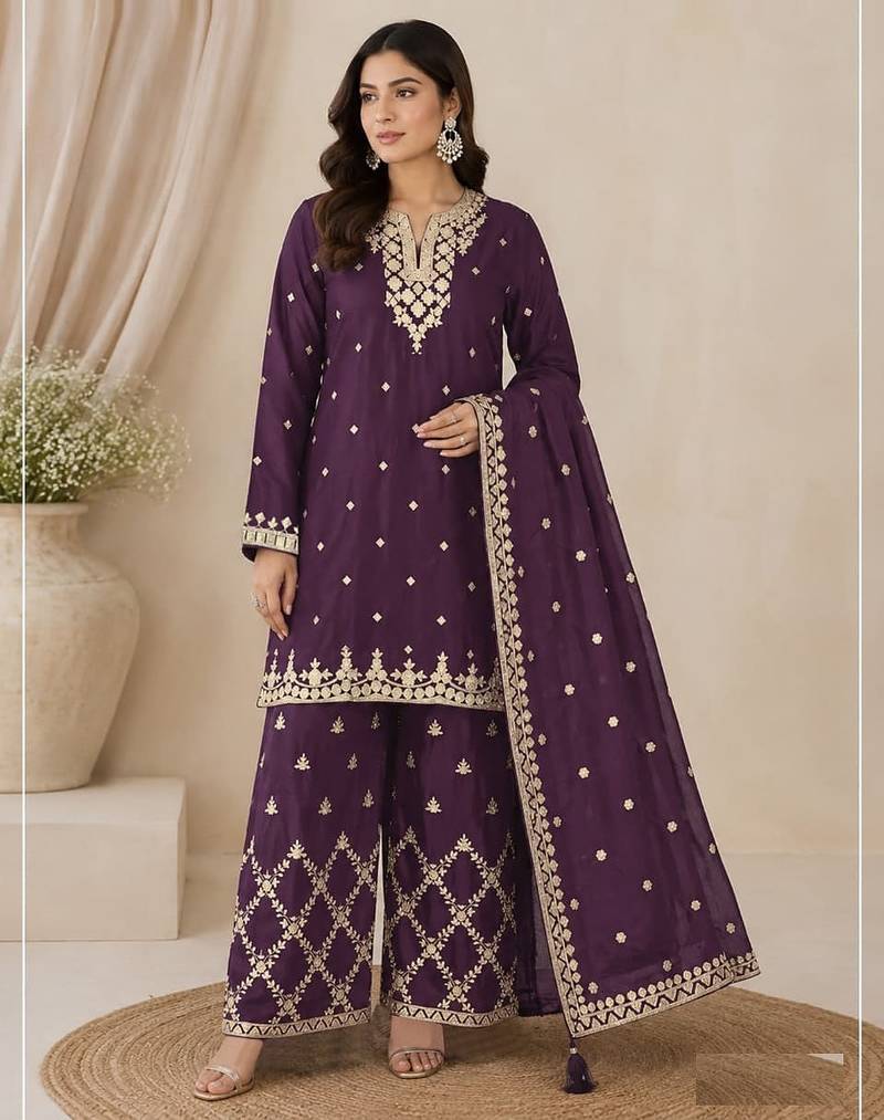 Wine silk blend wedding semi stitched palazzo set