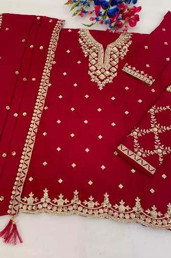 Magenta  silk blend  wedding semi stitched palazzo set