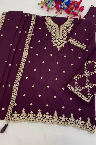 Wine silk blend wedding semi stitched palazzo set