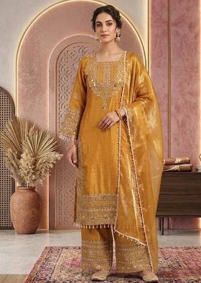Musturd embroidery silk blend sharara suit set 1