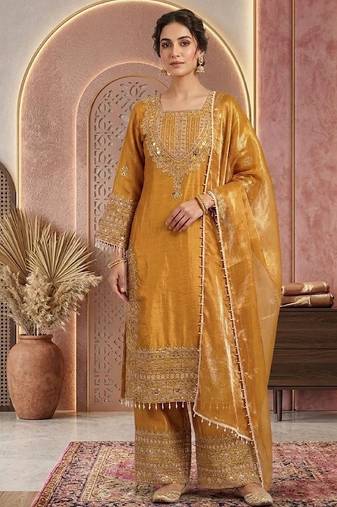 Musturd embroidery silk blend sharara suit set