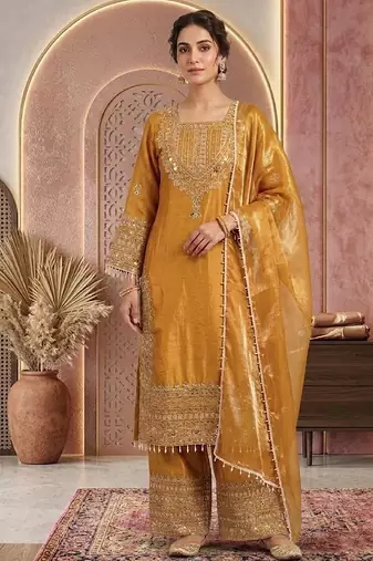 Musturd embroidery silk blend sharara suit set