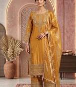 Musturd embroidery silk blend sharara suit set