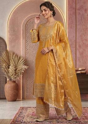 Musturd embroidery silk blend sharara suit set 2