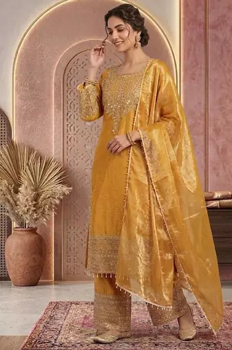 Musturd embroidery silk blend sharara suit set