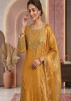 Musturd embroidery silk blend sharara suit set 3
