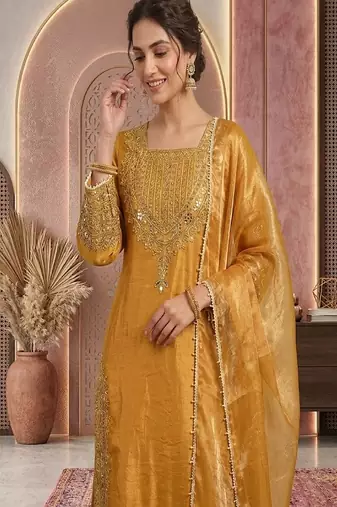 Musturd embroidery silk blend sharara suit set