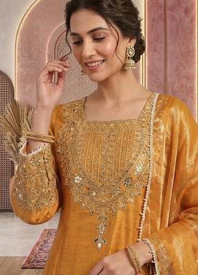 Musturd embroidery silk blend sharara suit set 4