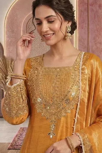 Musturd embroidery silk blend sharara suit set