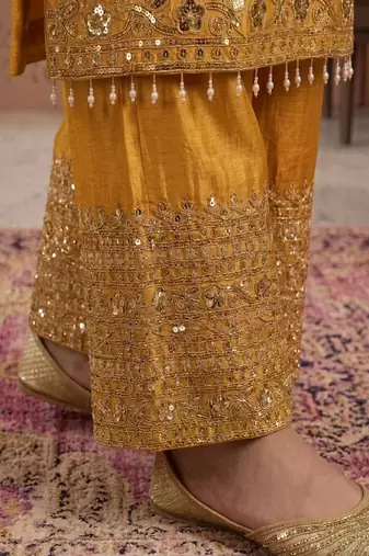 Musturd embroidery silk blend sharara suit set