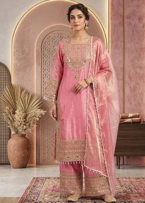 Pink embroidery silk blend sharara suit set 1
