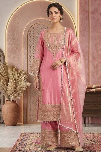 Pink embroidery silk blend sharara suit set