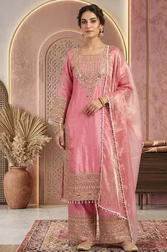 Pink embroidery silk blend sharara suit set