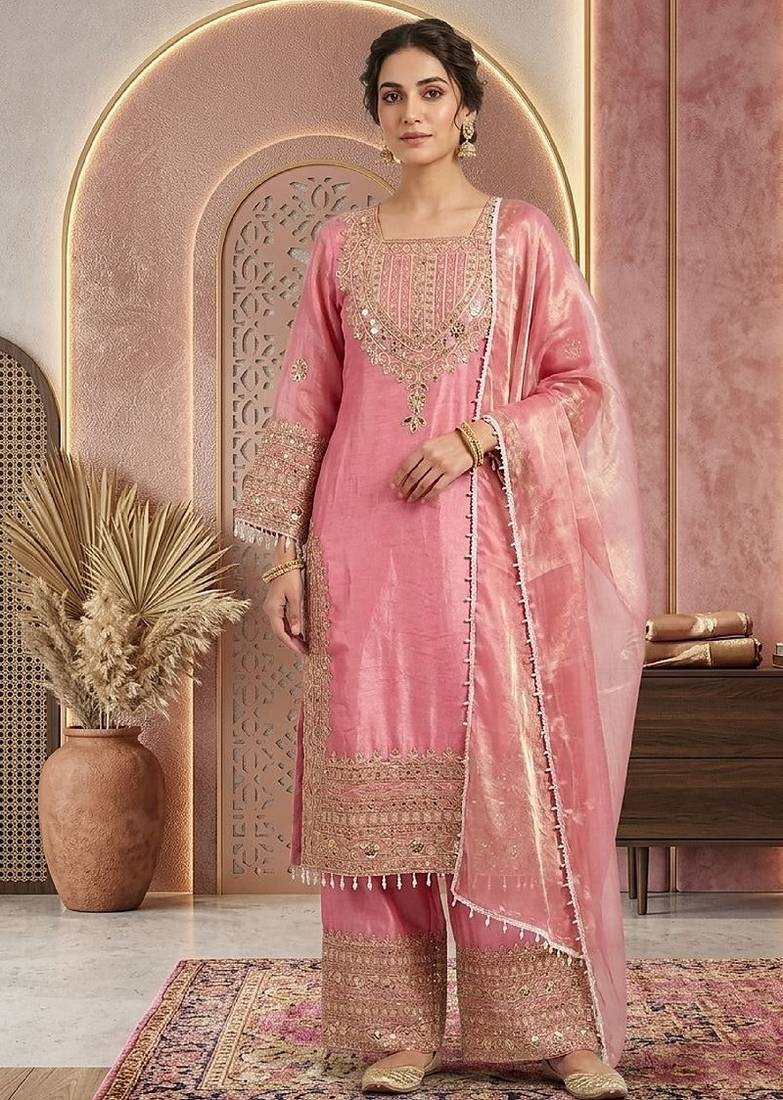 Pink embroidery silk blend sharara suit set