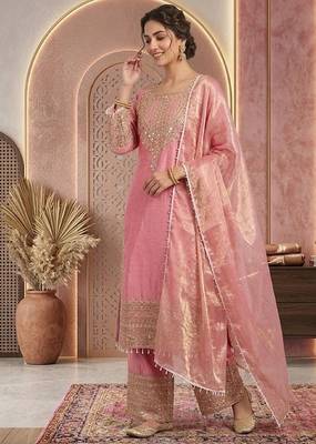 Pink embroidery silk blend sharara suit set 2