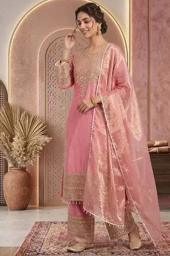 Pink embroidery silk blend sharara suit set