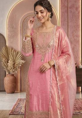 Pink embroidery silk blend sharara suit set 3