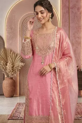 Pink embroidery silk blend sharara suit set