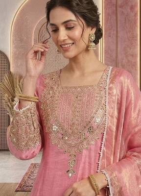 Pink embroidery silk blend sharara suit set 4