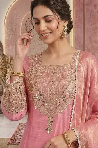 Pink embroidery silk blend sharara suit set