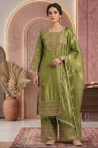 Pista embroidery silk blend sharara suit set
