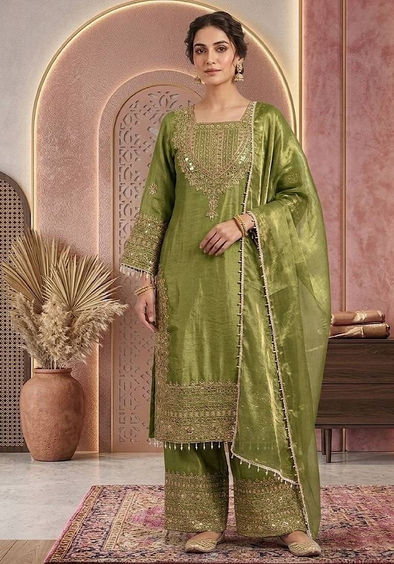 Pista embroidery silk blend sharara suit set
