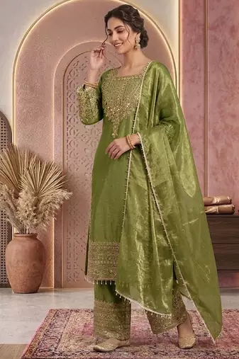 Pista embroidery silk blend sharara suit set