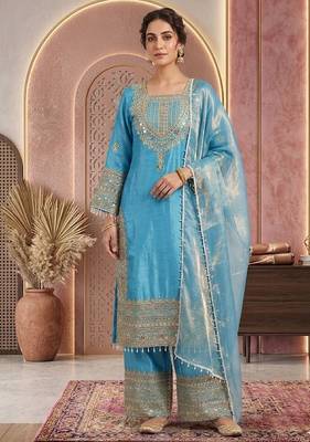Sky embroidery silk blend sharara suit set 1