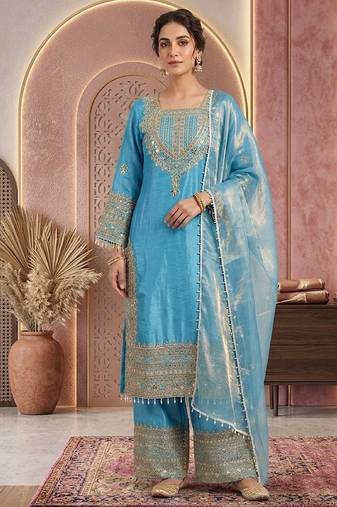 Sky embroidery silk blend sharara suit set