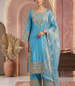 Sky embroidery silk blend sharara suit set