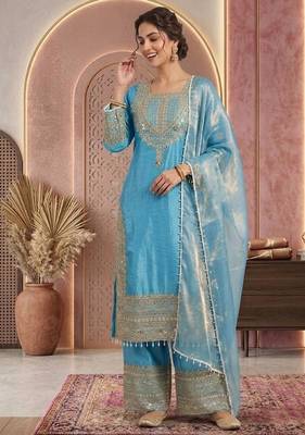 Sky embroidery silk blend sharara suit set 2