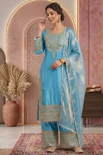 Sky embroidery silk blend sharara suit set