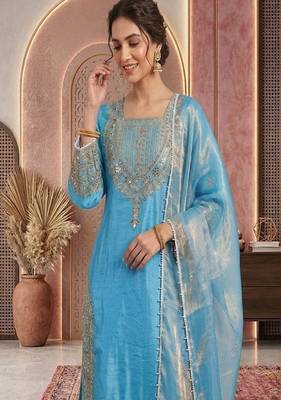 Sky embroidery silk blend sharara suit set 3