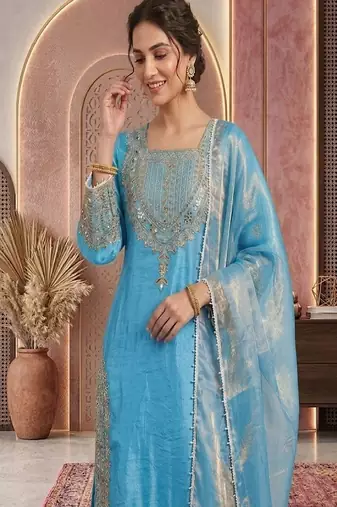 Sky embroidery silk blend sharara suit set