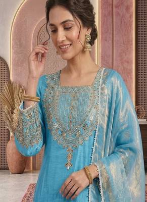 Sky embroidery silk blend sharara suit set 4
