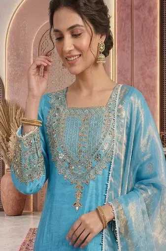 Sky embroidery silk blend sharara suit set