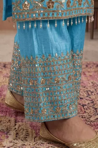 Sky embroidery silk blend sharara suit set