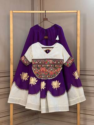 Purple & White Lotus Flower Gota & Mirror Lace Work Roman Flared Lehenga With Kutchi Gamthi Blouse Set 6