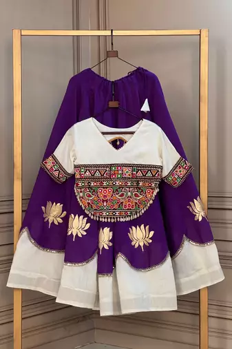 Purple & White Lotus Flower Gota & Mirror Lace Work Roman Flared Lehenga With Kutchi Gamthi Blouse Set