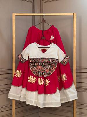 Pink & White Lotus Flower Gota & Mirror Lace Work Roman Flared Lehenga With Kutchi Gamthi Blouse Set 6