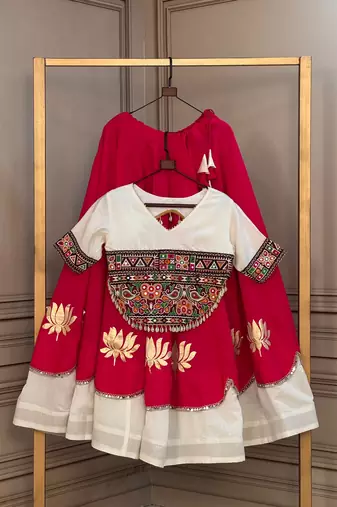 Pink & White Lotus Flower Gota & Mirror Lace Work Roman Flared Lehenga With Kutchi Gamthi Blouse Set