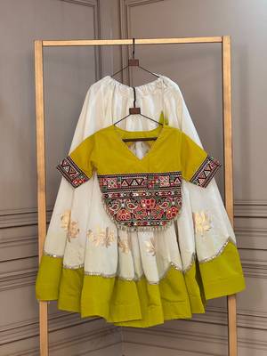 White & Lemon Yellow Lotus Flower Gota & Mirror Lace Work Roman Flared Lehenga With Kutchi Gamthi Blouse Set 6
